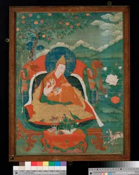 Thangka-maleri som viser en far til lamaismens gule hatt-sekt, Gelupga Lama, ca. 1700-1825 (valpesyke på lerret)